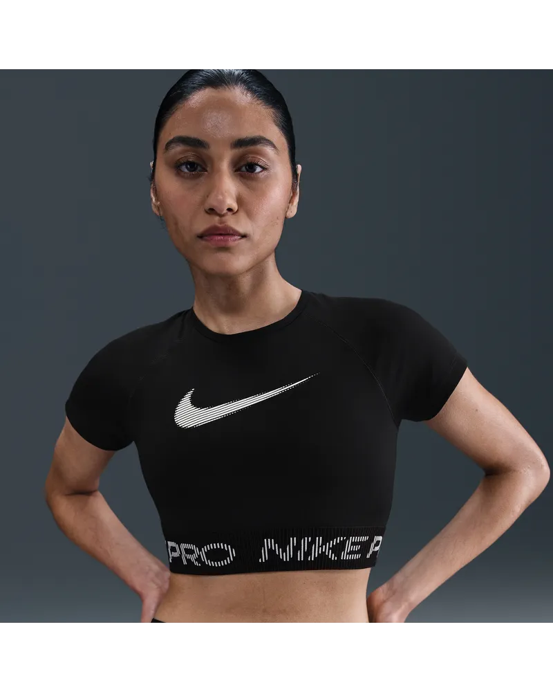 Nike Pro Dri-FIT kürzer geschnittenes Kurzarmshirt mit Grafik (Damen) - Schwarz Schwarz