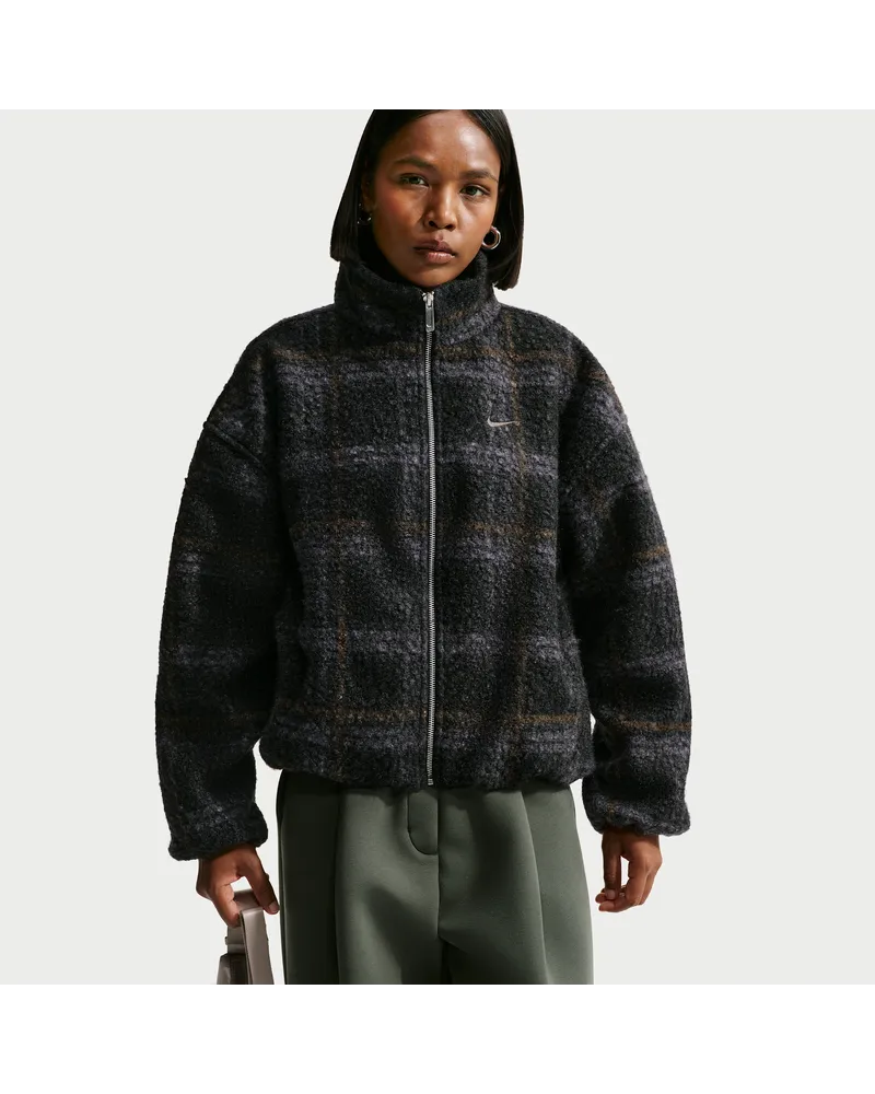 Nike hochflorige Oversize-Fleecejacke mit Karomuster (Damen) - Schwarz Schwarz