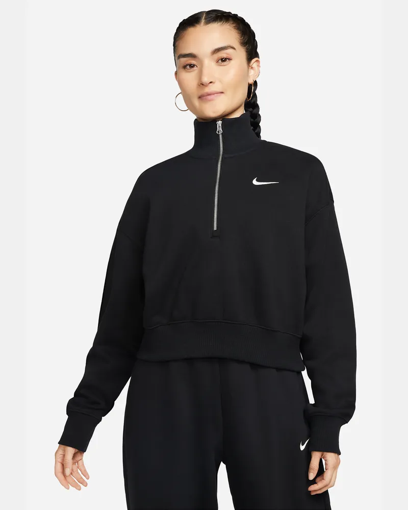 Nike Phoenix Fleece Kurz-Sweatshirt mit Viertel-Reißverschluss (Damen) - Schwarz Schwarz