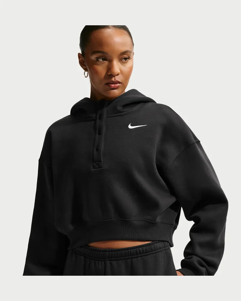 Nike Phoenix verkürzter Oversize-Henley-Hoodie aus Fleece (Damen) - Schwarz Schwarz