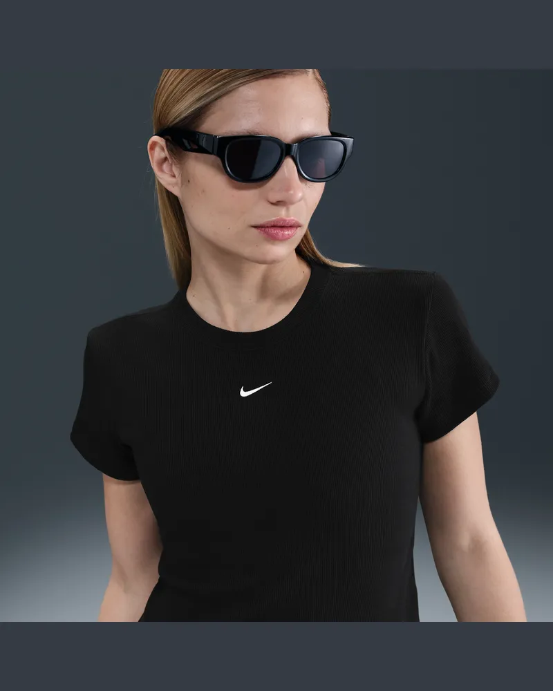 Nike Geripptes Kurzarm-T-Shirt mit enger Passform (Damen) - Schwarz Schwarz