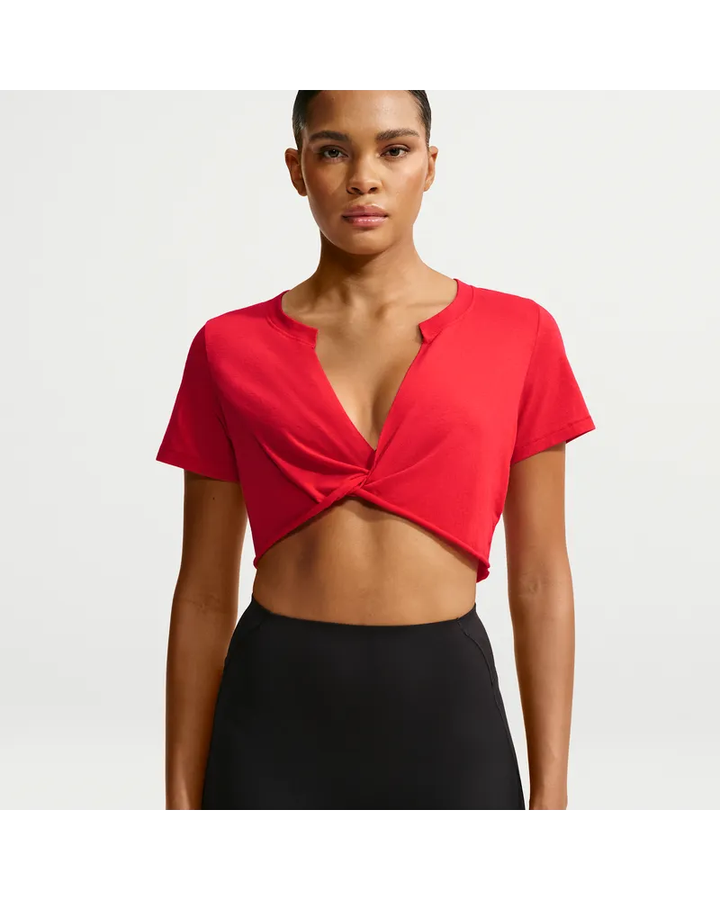 Nike SKIMS Performance Cotton Blend Cropped-Twist-Kurzarm-Oberteil mit V-Ausschnitt (Damen) - Rot Rot