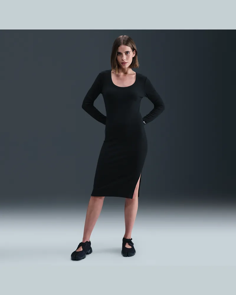 Nike Chill Knit Midi-Langarmkleid in Mini-Rib mit enger Passform (Damen) - Schwarz Schwarz