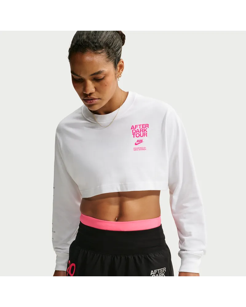 Nike After Dark Tour Dri-FIT extrakurzes Cropped-Laufshirt (Damen) - Weiß Weiß
