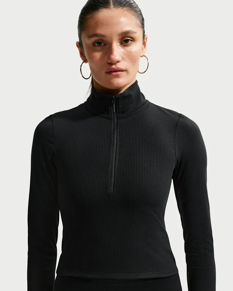 Nike Chill Knit langärmliges, eng geschnittenes Ripp-Oberteil mit Viertel-Reißverschluss (Damen) - Schwarz Schwarz