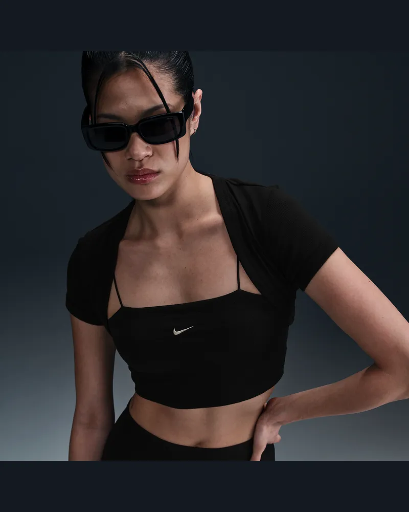Nike Sportswear Chill Knit enges, kurz geschnittenes Mini-Rib 2-in-1-Oberteil (Damen) - Schwarz Schwarz