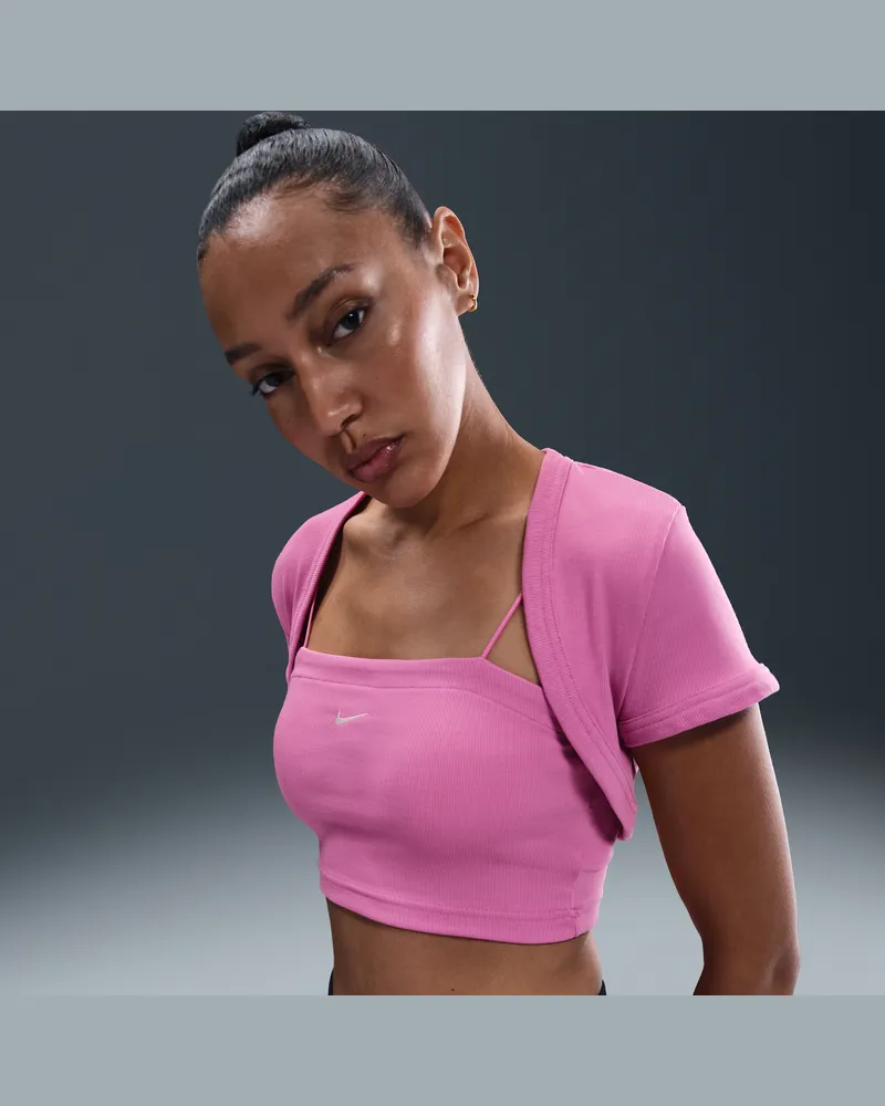 Nike Sportswear Chill Knit enges, kurz geschnittenes Mini-Rib 2-in-1-Oberteil (Damen) - Pink Pink