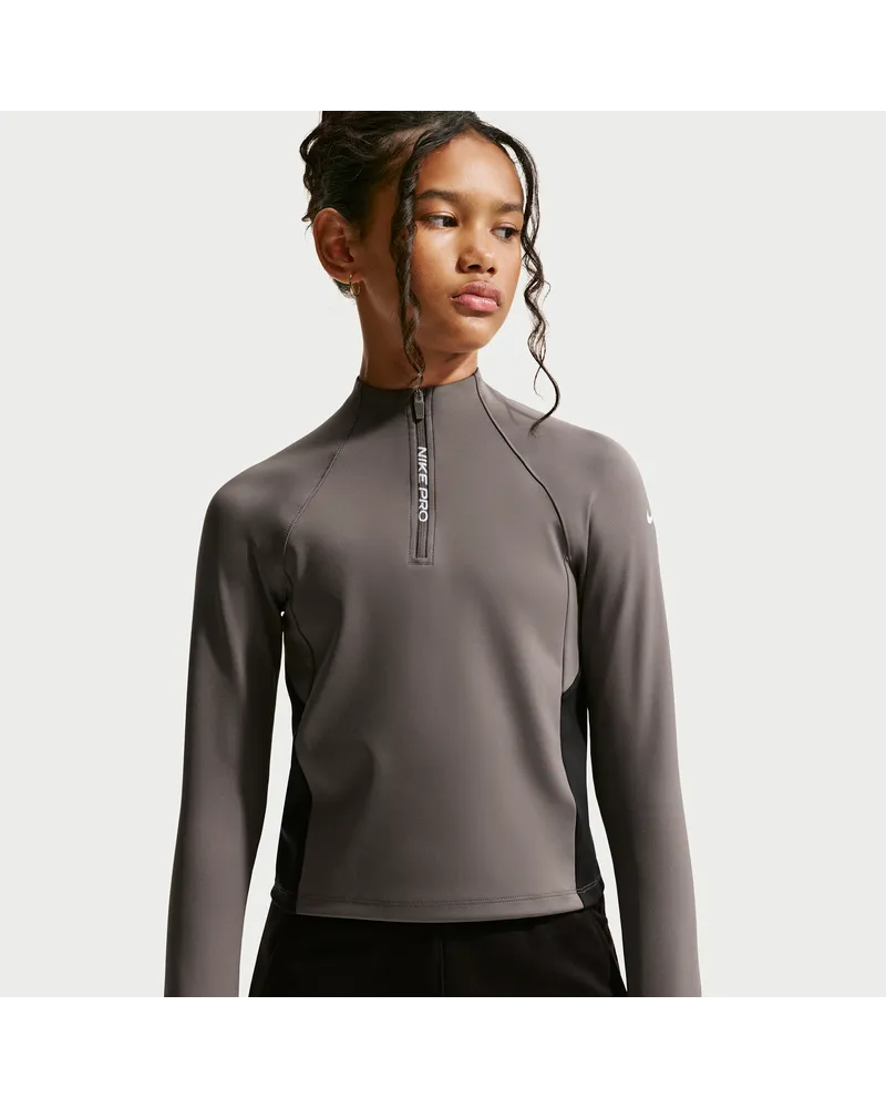 Nike Pro Dri-FIT-Longsleeve mit Halbreißverschluss (ältere Kinder, Mädchen) - Grau Grau