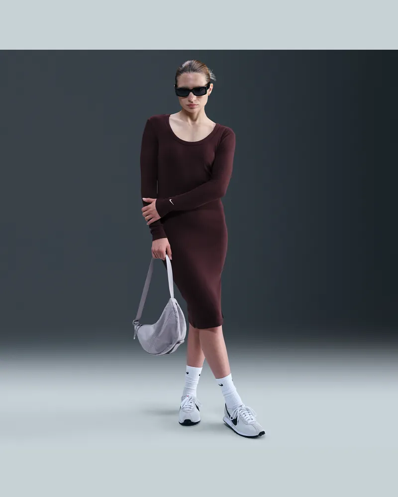 Nike Chill Knit Midi-Langarmkleid in Mini-Rib mit enger Passform (Damen) - Rot Rot