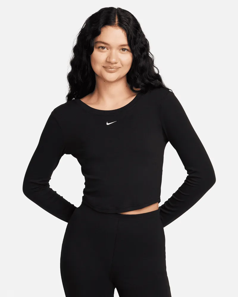 Nike Sportswear Chill Knit Langarm-Mini-Rippen-Oberteil mit Scoop-Rücken für Damen mit enger Passform - Schwarz Schwarz