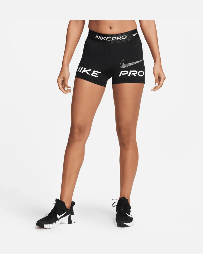 Nike Pro Dri-FIT Grafik-Trainingsshorts mit mittelhohem Bund für Damen (ca. 7,5 cm) - Schwarz Schwarz