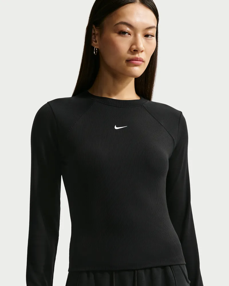 Nike Chill Knit langärmliges, eng geschnittenes Ripp-Oberteil (Damen) - Schwarz Schwarz