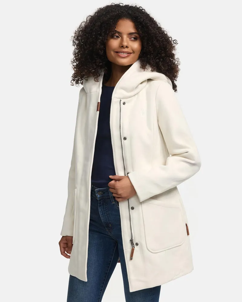 Marikoo Damen Wintermantel mit Kapuze und tailliertem Schnitt Beige