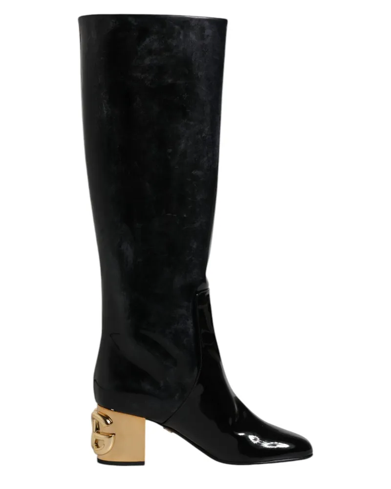 Dolce & Gabbana Schwarze Lackleder Vally Hohe Stiefel Schuhe Schwarz