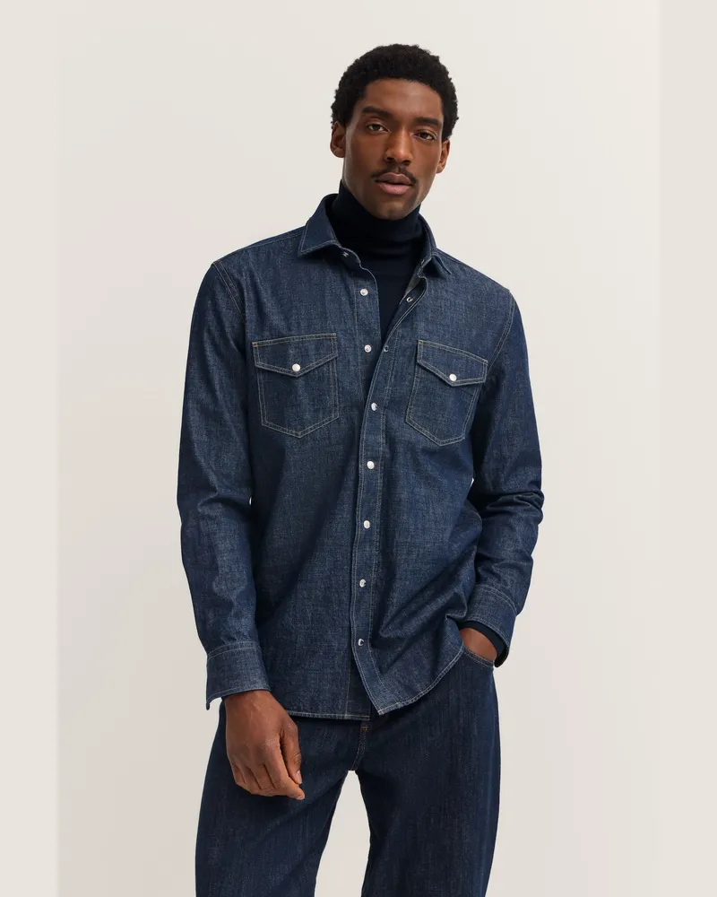 Bugatti Herren Jeanshemd im Modern Fit mit Kent-Kragen und aus Baumwolle Marineblau