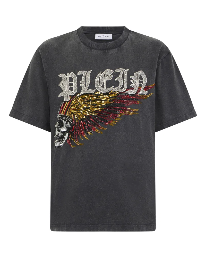 Philipp Plein Washed Round Neck T-Shirt Eagle Skull Skull Schwarz