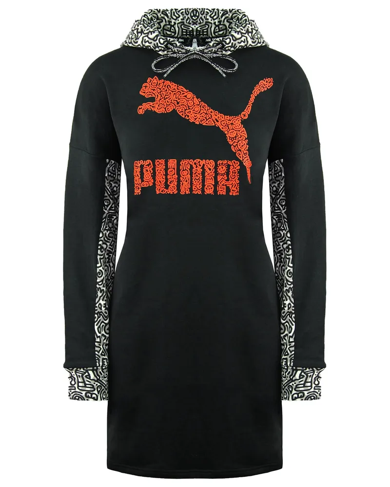 Puma x Mr. Doodle Langarm Pullover Schwarze Frauen Kapuze -Jumper -Kleid 598686 01 Orange