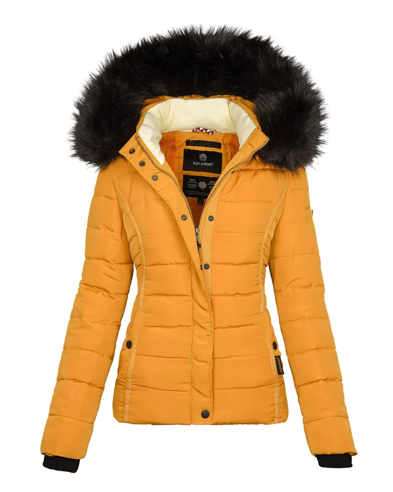 NAVAHOO Damen Winterjacke Miamor – Warm Gefüttert Mit Abnehmbarer Kapuze & Kunstfellkragen Gelb