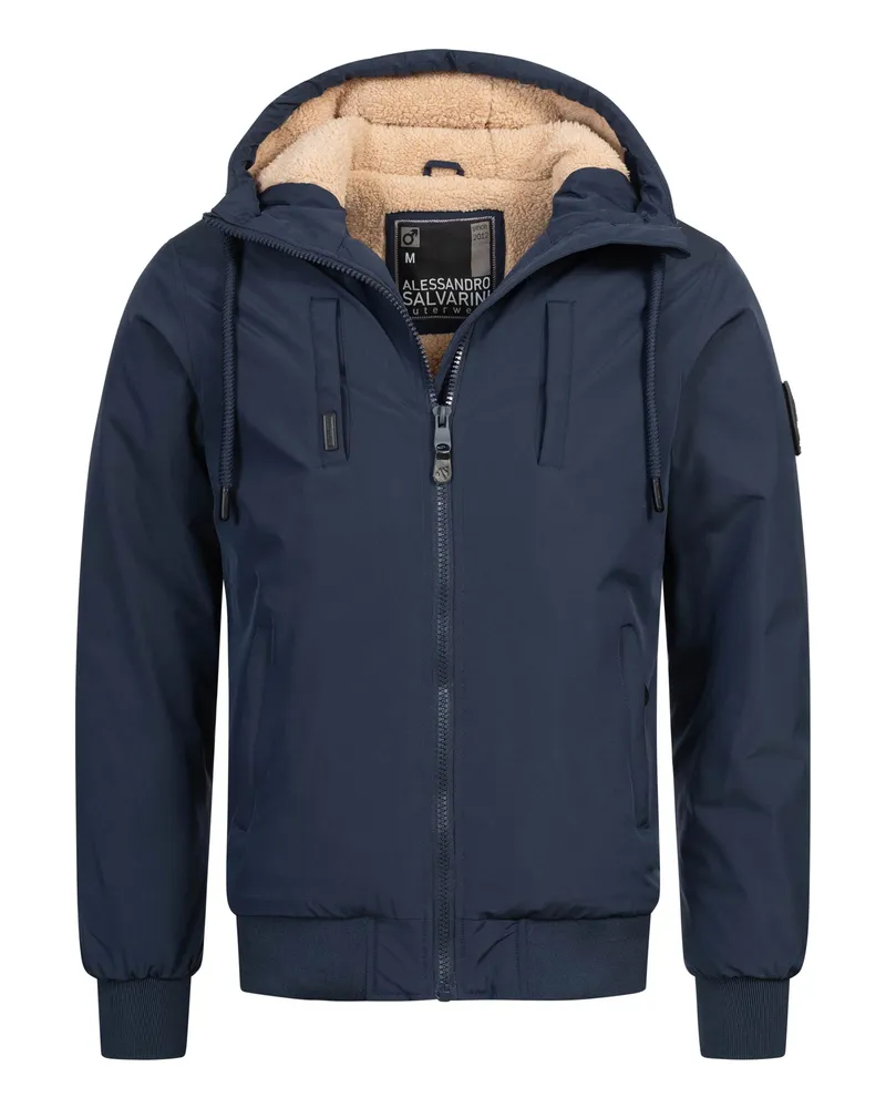 Alessandro Salvarini Herren Winterjacke AS-431 – Warm, Mit Teddyfellfutter & Kapuze Marineblau