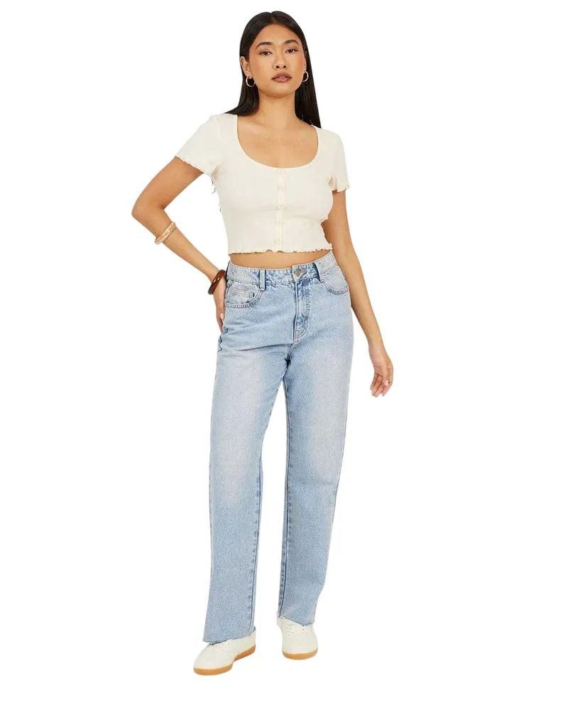 Brave Soul kurzes T-Shirt für Damen, Wellensaum (Cremefarbe Creme
