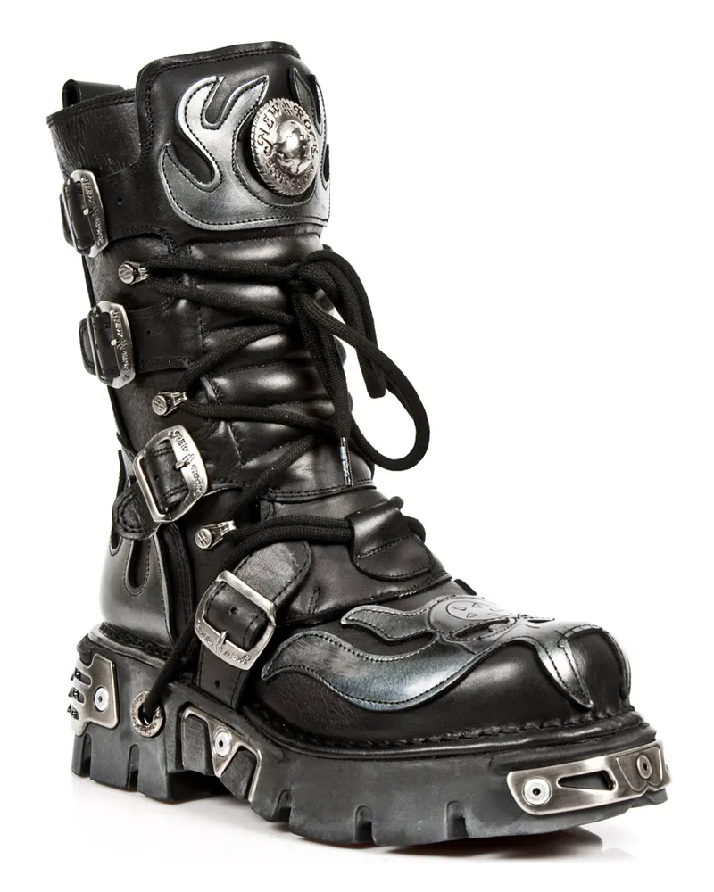 New Rock Flame Biker-Stiefel aus schwarzem/silbernem Leder mit Akzent – ​​107-S2 Schwarz