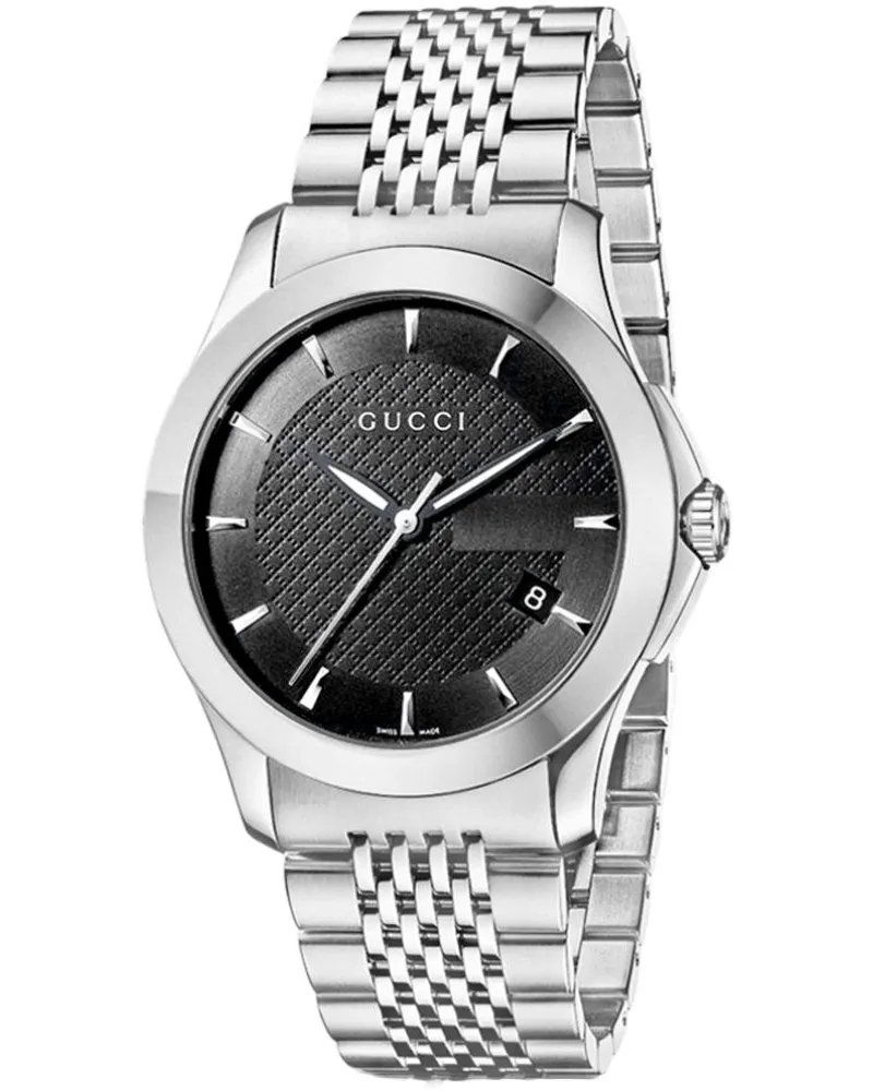 Gucci G-Timeless YA126402 Herrenuhr mit schwarzem Zifferblatt und Silberarmband Schwarz