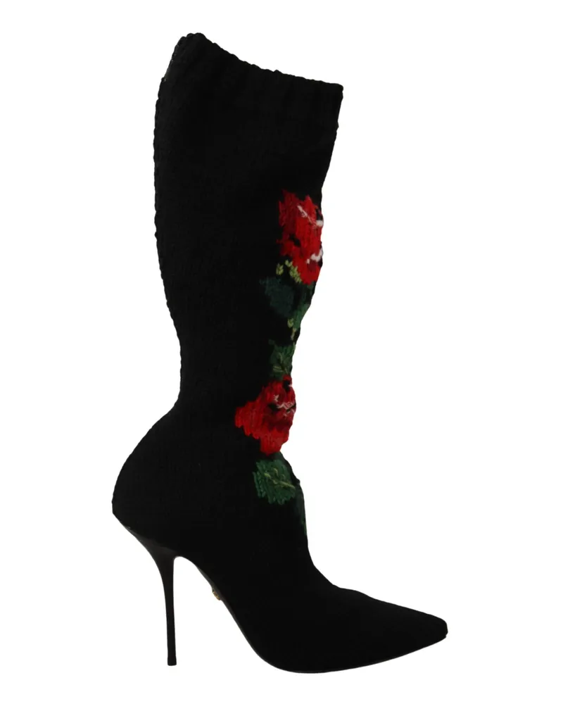 Dolce & Gabbana Schwarze Stretch-Socken Rote Rosen Stiefeletten Schuhe Schwarz