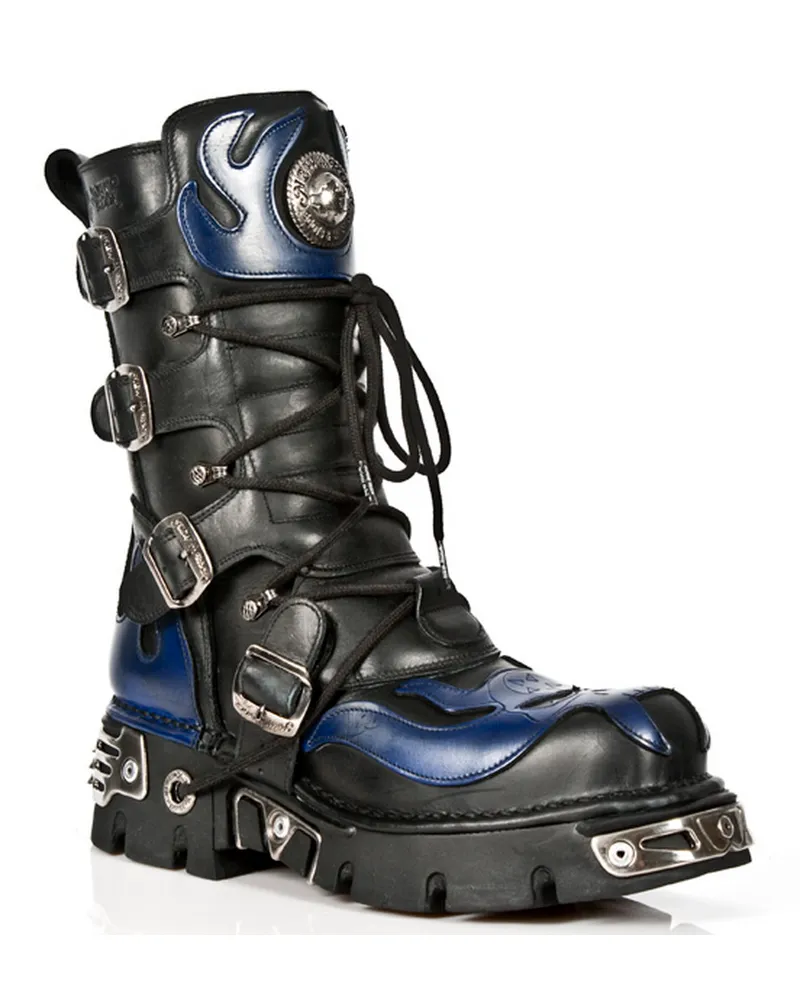 New Rock Unisex Schwarz/Blau Leder Gothic Biker Totenkopf Stiefel-107-C5 Schwarz