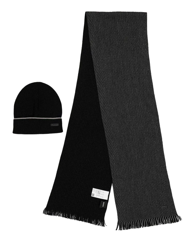 HUGO BOSS Mütze und Schal Set für Herren, Mittelschwer, Mittelschwer (Schwarz Schwarz