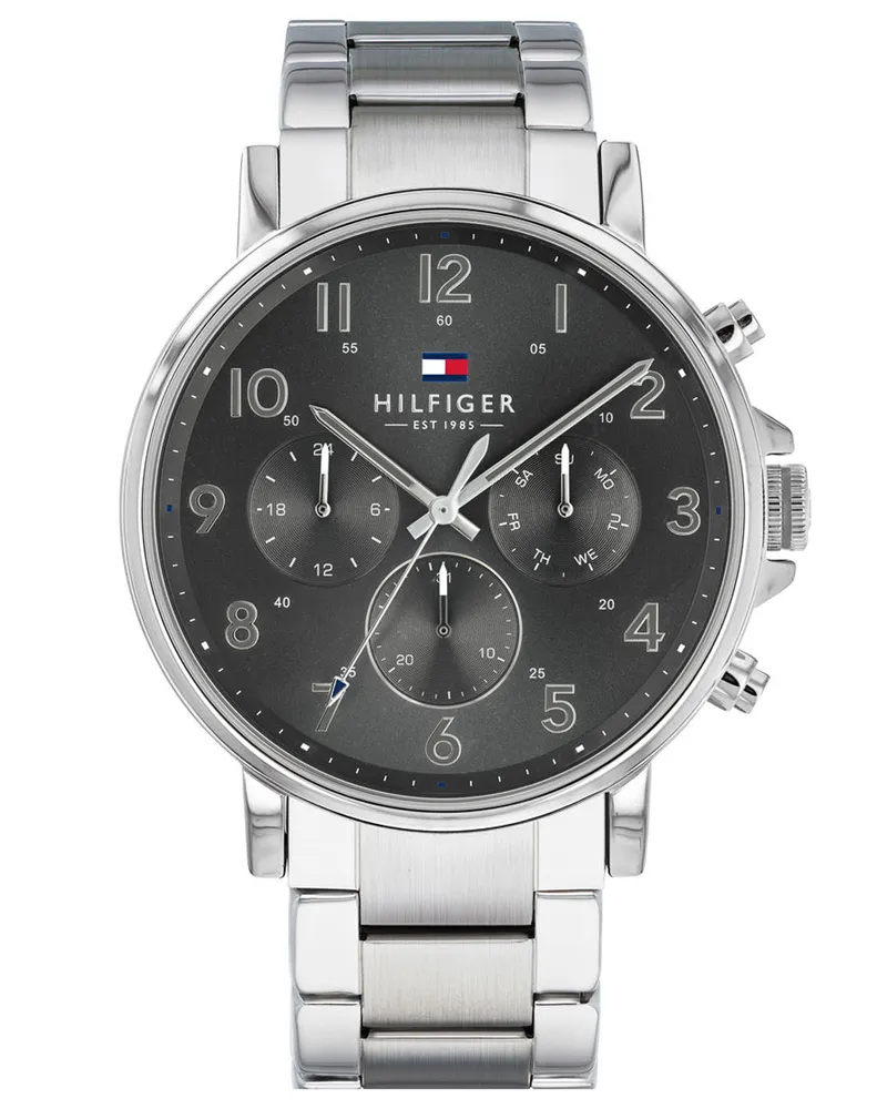 Tommy Hilfiger Diese modische und elegante Uhr ist ein ideales Geschenk für Ihre Familie und Freunde. Diese Multi Dial Uhr hat eine Kalenderfunktion: Tag-Datum, 24-Stunden-Anzeige Hochwertiges Edelstahlarmband Silber 21 cm lang und 20 mm breit mit Faltschließe mit Drücker Gehäusedurchmesser: 44 mm, Gehäusedicke: 10 mm, Gehäusefarbe: Silber und Zifferblattfarbe: Grau Wasserdicht: 5 bar -Gewicht: 132 g Silber