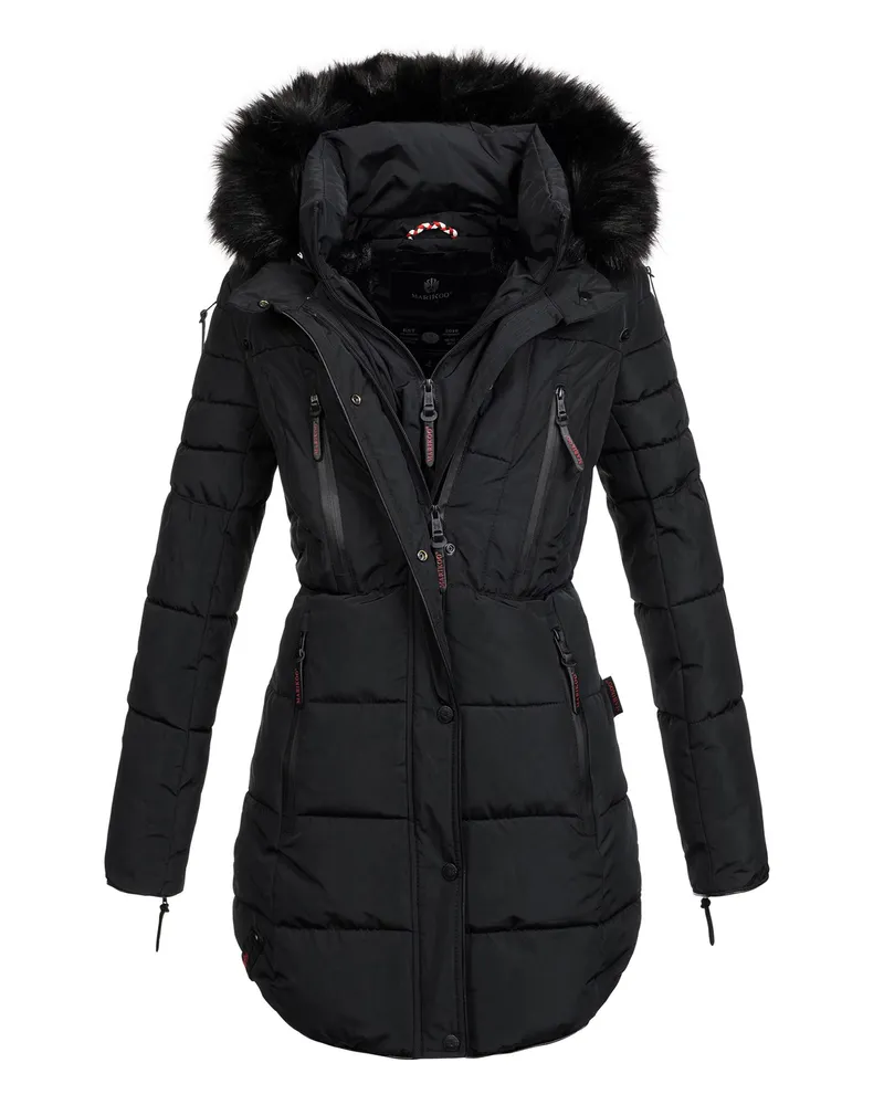 Marikoo Lange Winterjacke Moonshine mit Kunstfellkragen und Teddyfutter - Schwarz Schwarz