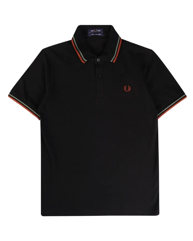 Fred Perry Grünes und braunes schwarzes Poloshirt mit Doppelstreifen von Schwarz