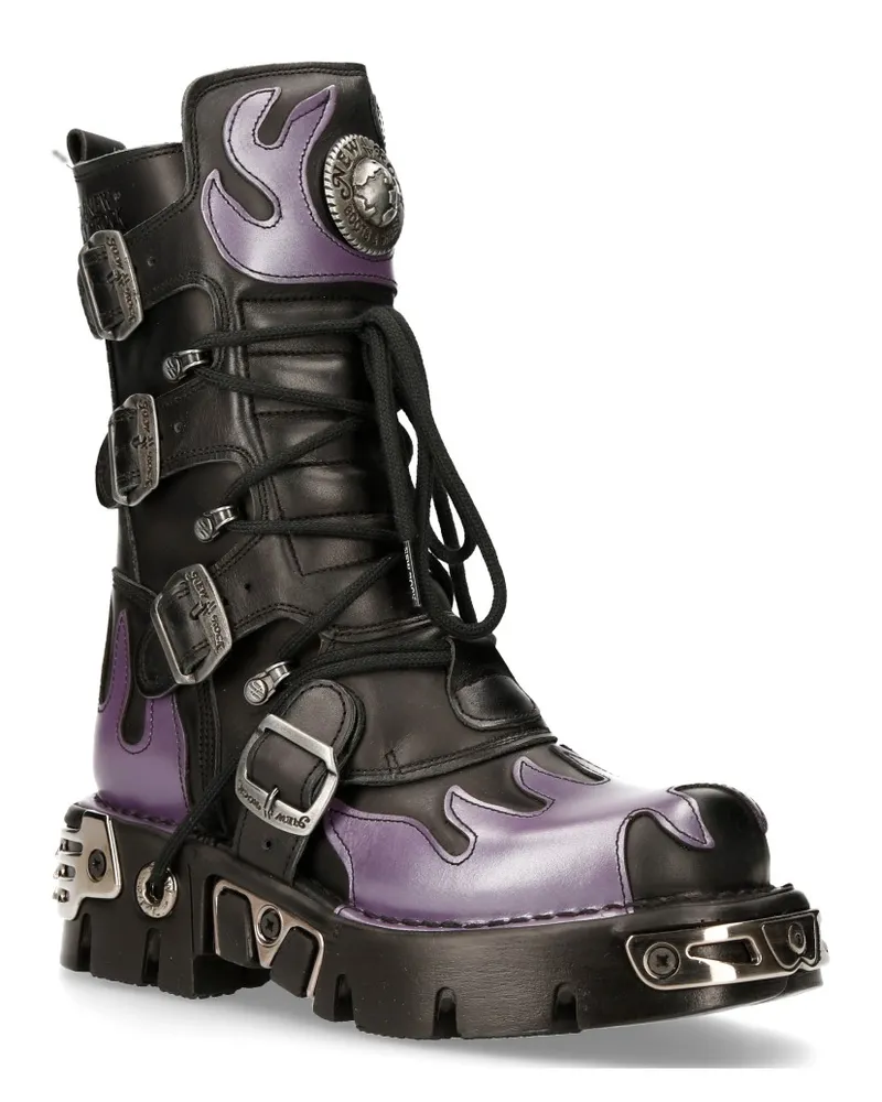 New Rock Flame Akzentuierte schwarz/rote Leder-Biker-Totenkopfstiefel – M-591-S5 Schwarz