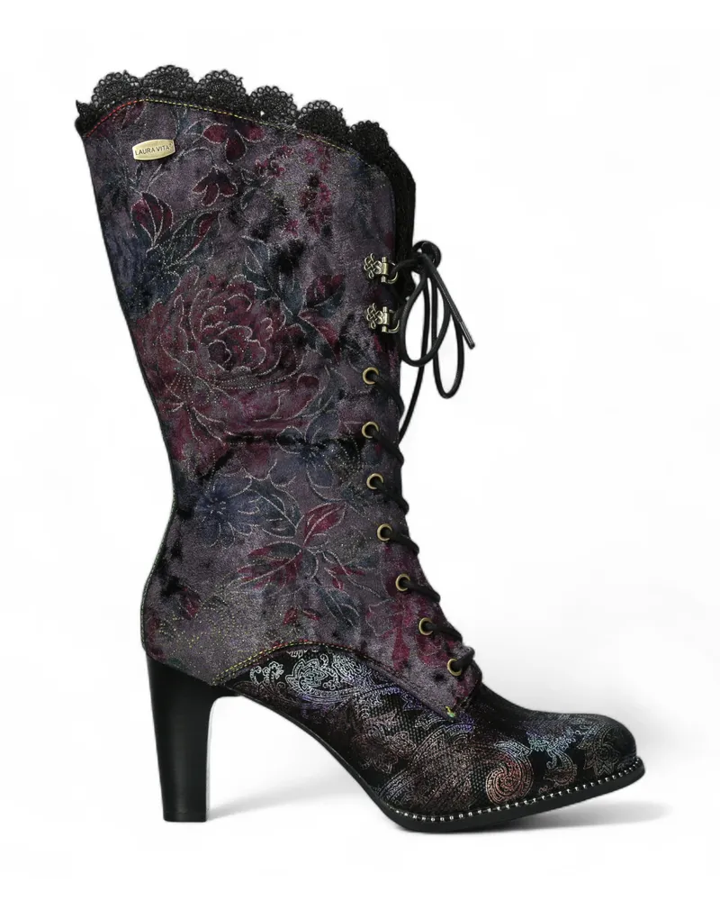 Laura Vita Alcbane 0351 Violet Floral Damen Gothic Viktorianische Lederstiefel mit Absatz Violett