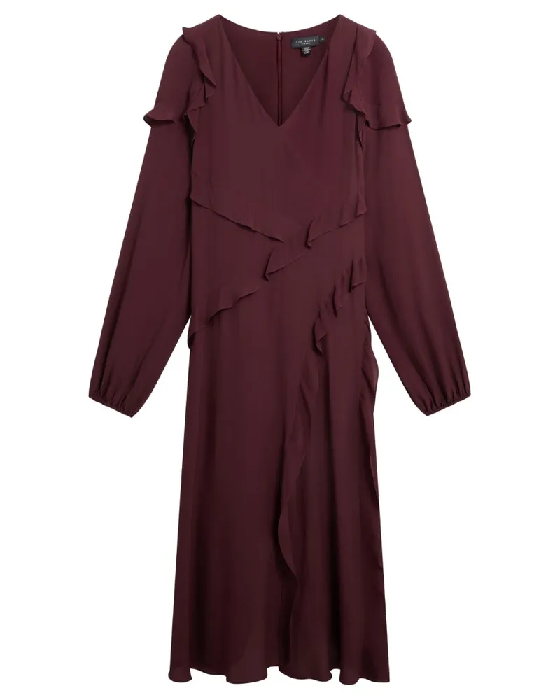 Ted Baker Langarm-midikleid Mit Rüschenbesatz Weinrot