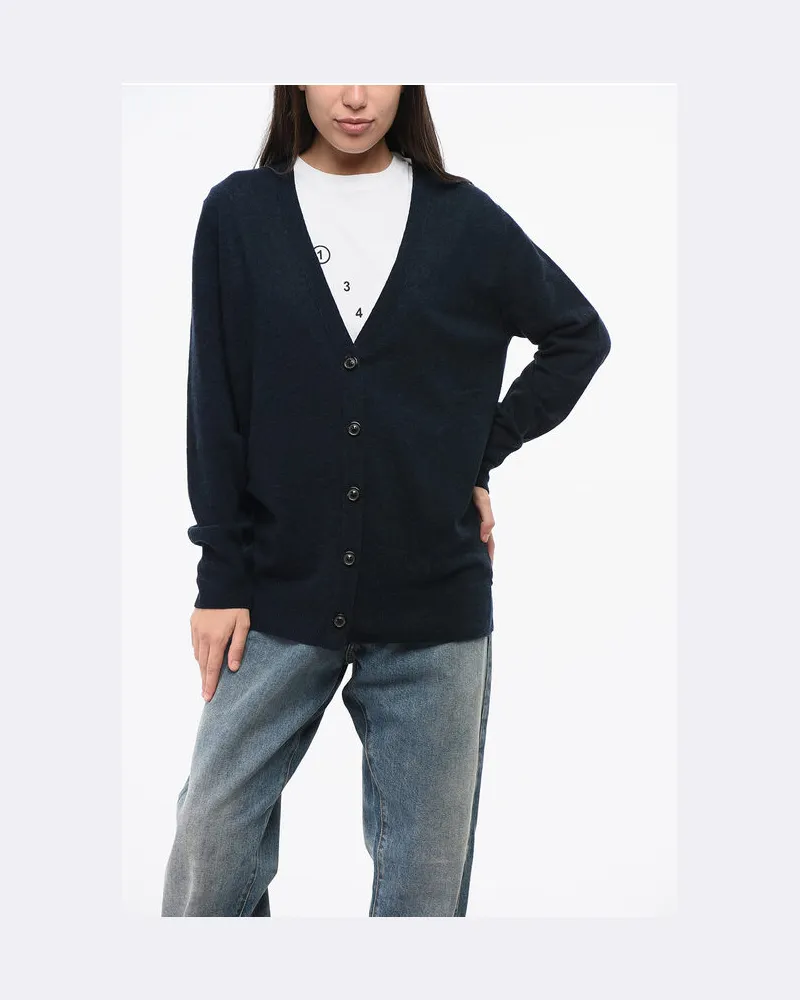 Maison Margiela Einfarbige Strickjacke aus Wolle und Nylon mit V-Ausschnitt in Blau Blau