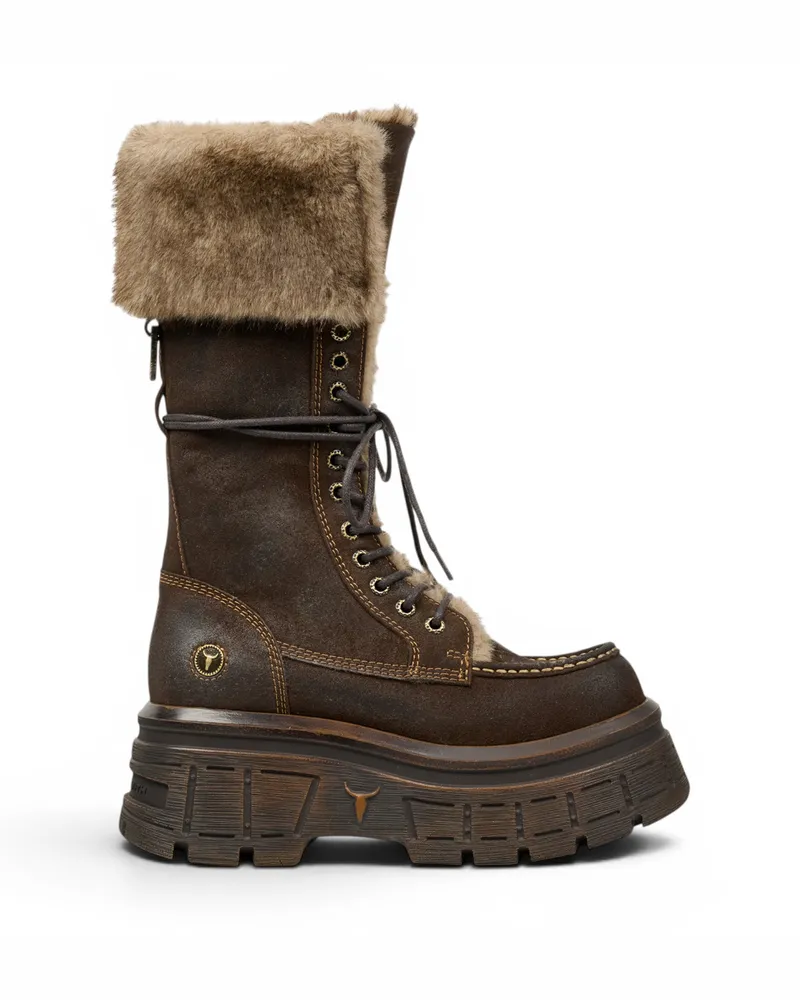WINDSOR SMITH Windsorsmith Damen-Braune Wildleder-Plattform-Kampfpelzstiefel – Saintly Dunkelbraun