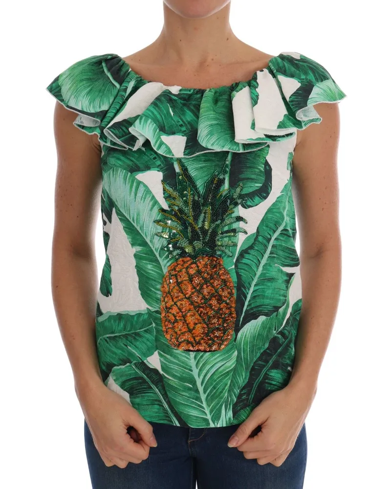 Dolce & Gabbana Damen Bluse mit Ananas-Banane und Pailletten Grün