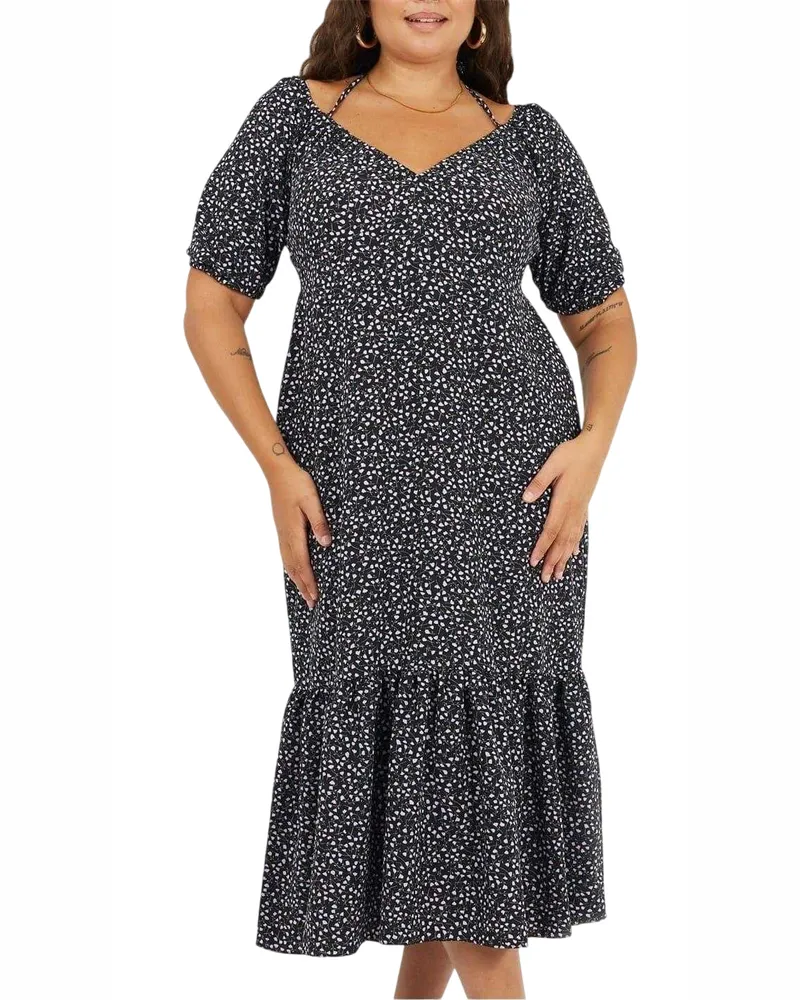 Brave Soul Midikleid für Damen, V-Ausschnitt, Kurven, kurzärmlig (Schwarz/Violett Schwarz