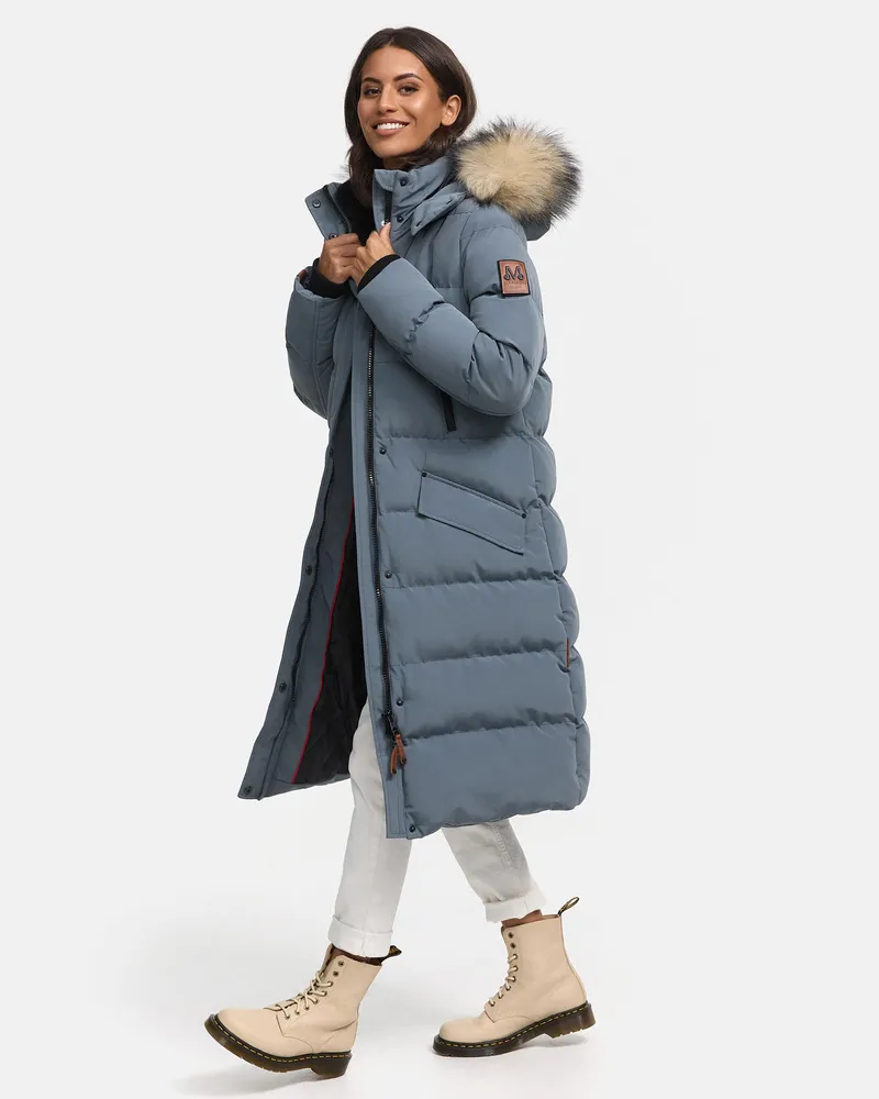 Marikoo Damen Winterjacke – Schneesternchen, lang mit Kapuze & Fellkragen Blau