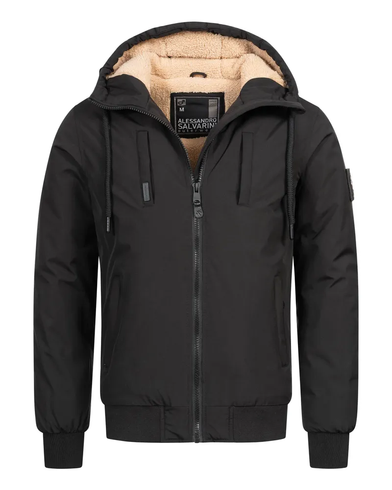 Alessandro Salvarini Herren-Winterjacke AS-431 mit Teddyfutter und Kapuze - Schwarz Schwarz