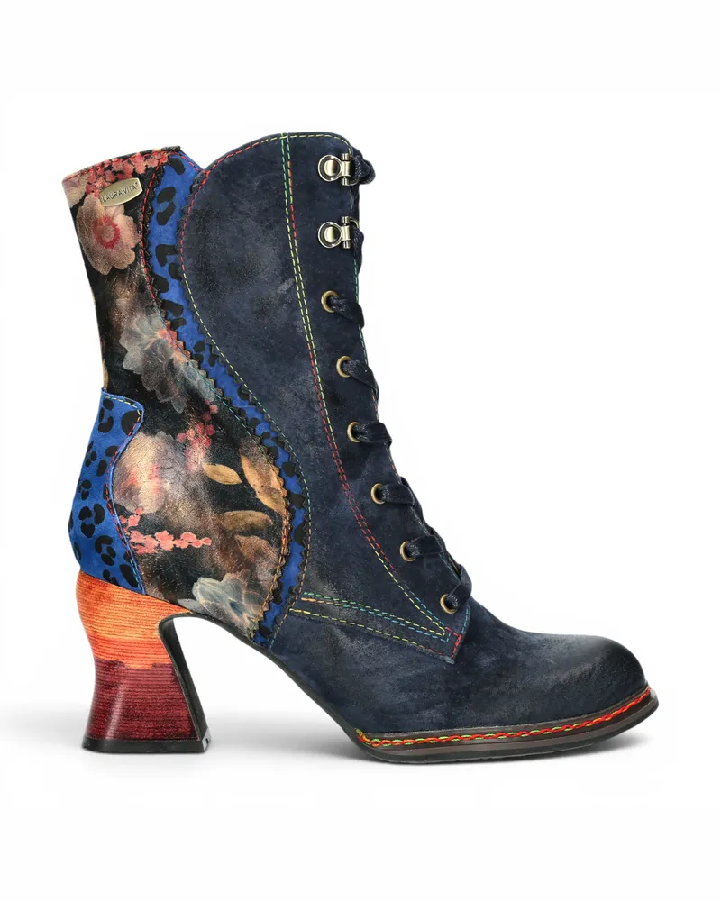 Laura Vita Goth Victorian Floral Blue Lederstiefel mit Schnürstiefel mit Absatz – Eleao-42 Blau