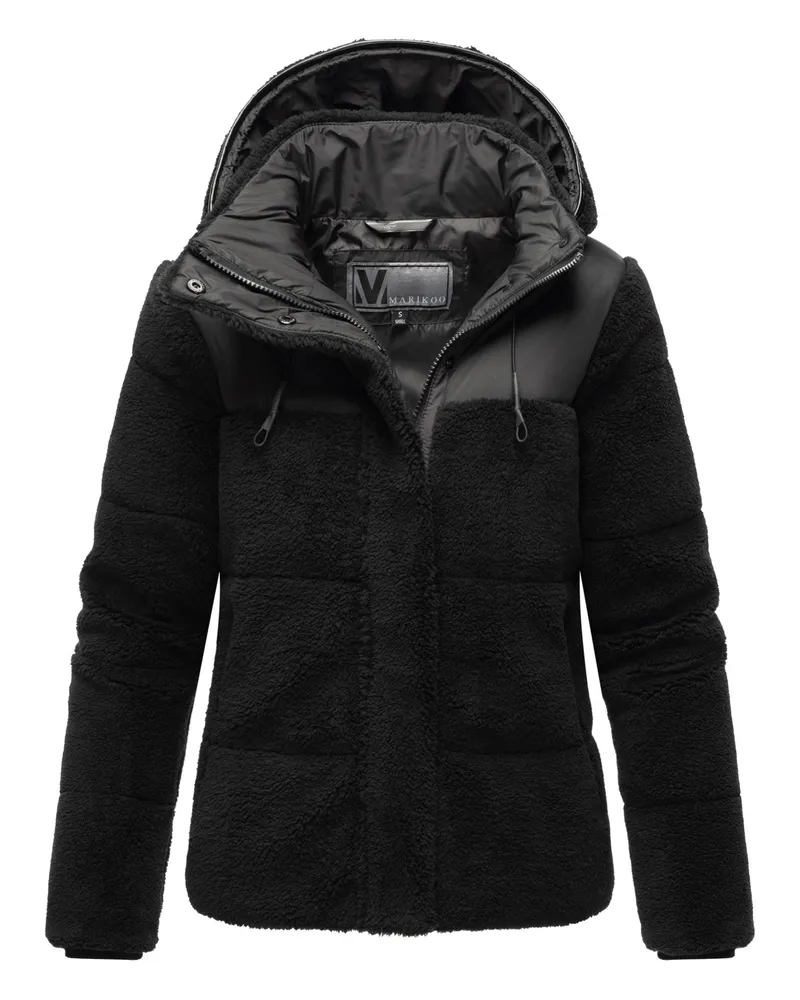 Marikoo Damen Teddy Puffer Jacke mit Kapuze & Reißverschluss – Kaguraa Schwarz