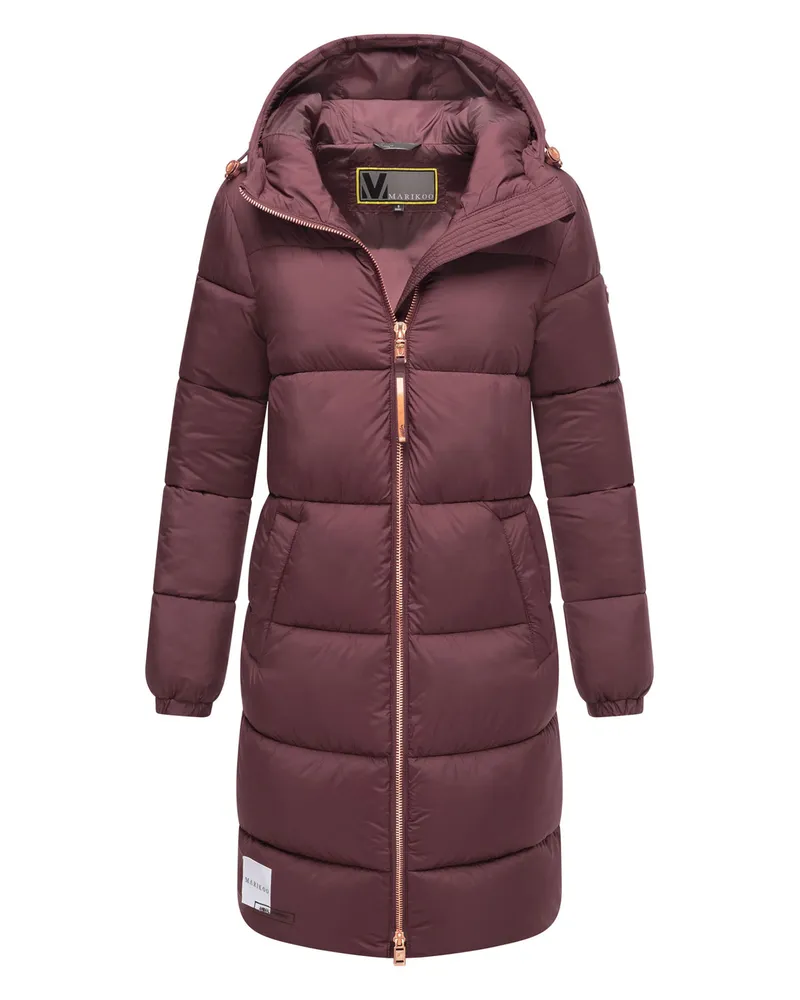 Marikoo lange Damen Steppjacke mit Kapuze & Kragen – Modell Nomadiaa Weinrot