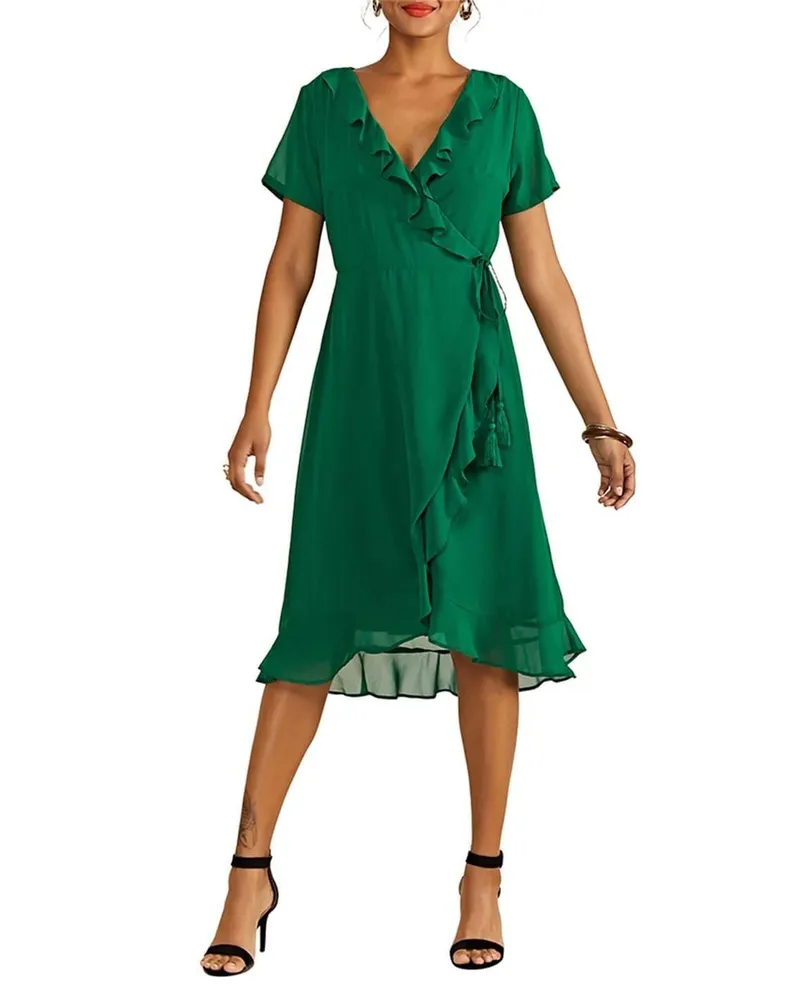 Yumi Wickelkleid für Damen, V-Ausschnitt (Grün Grün