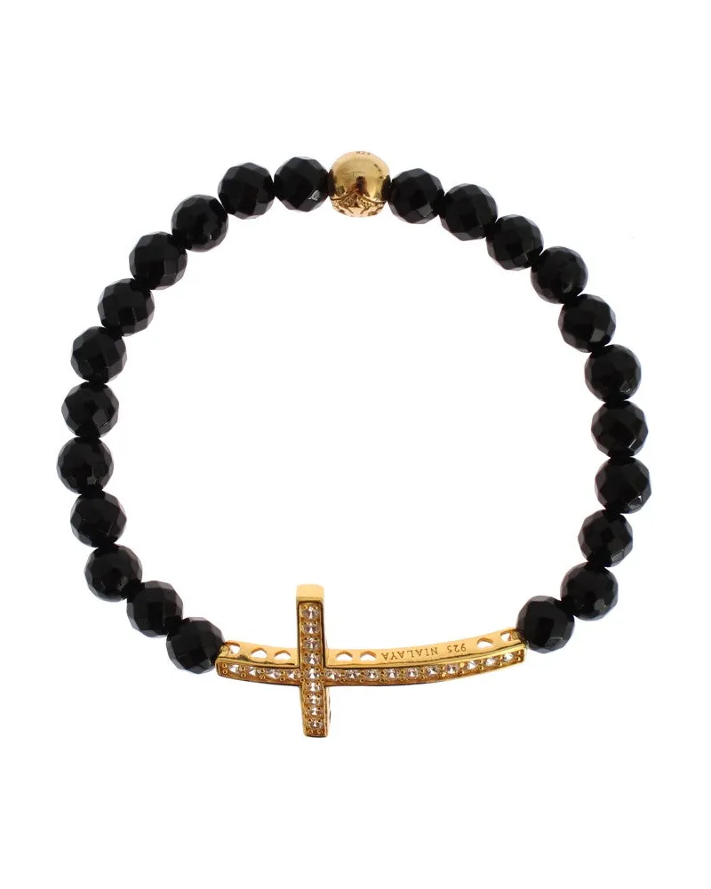Nialaya Achatstein Gold CZ Kreuz 925 Silberarmband Schwarz