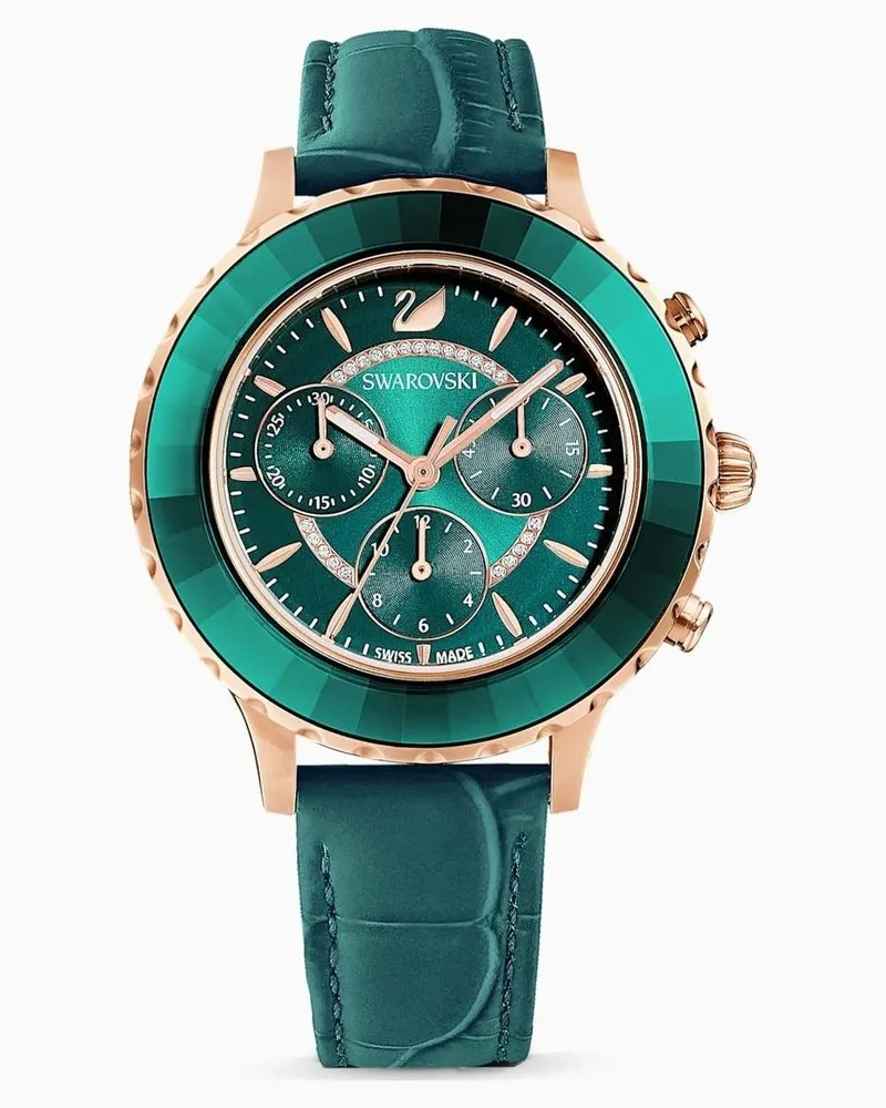 Swarovski Octea Lux Chrono Uhr, Lederarmband, Grün, Rose-Gold Tone PVD 5452498 Grün
