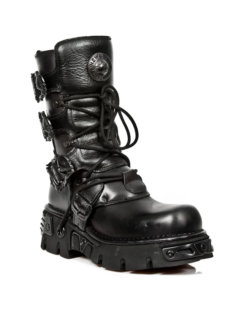 New Rock schwarze Lederstiefel mit mittlerer Wade-391-S18 Schwarz