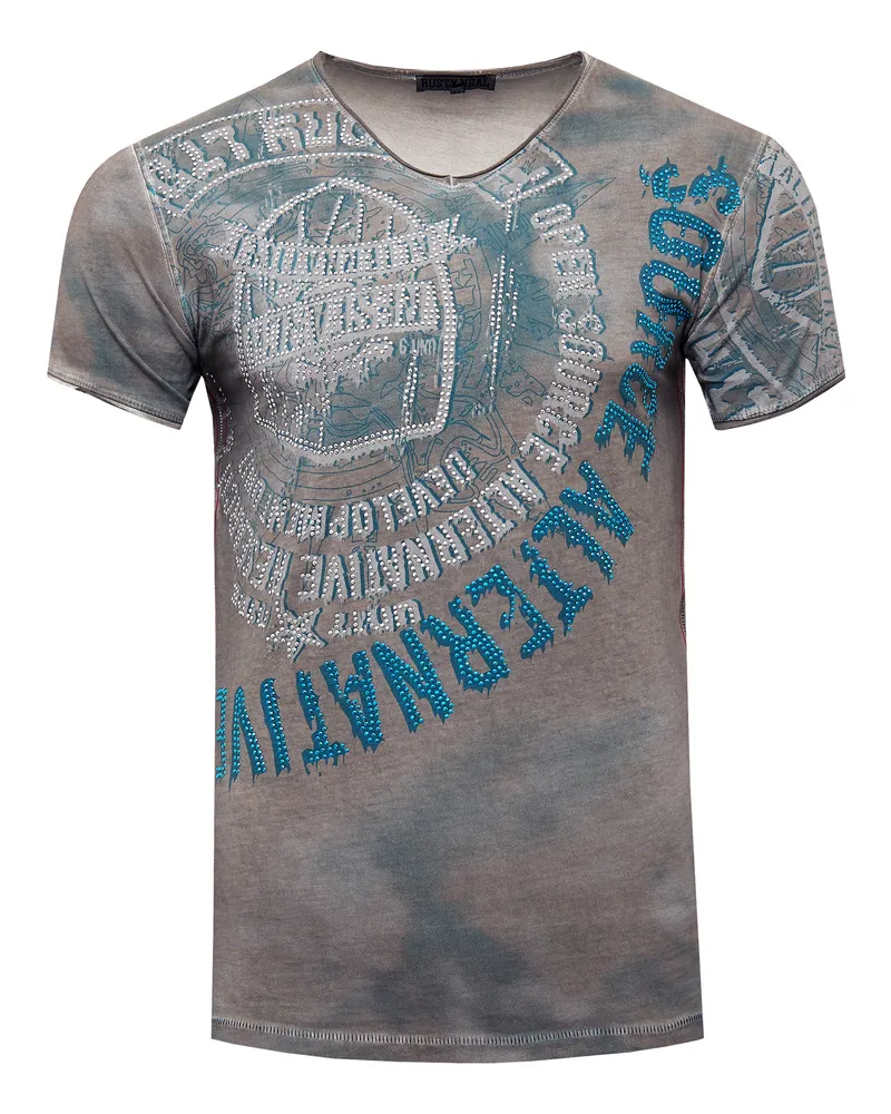 Rusty Neal V‑Neck T‑Shirt mit Strassbesatz - Dunkelgrau Dunkelgrau