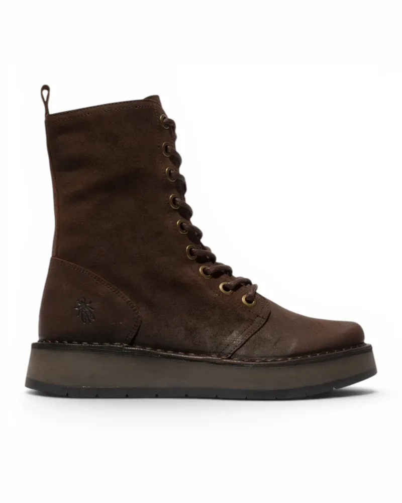 Fly London RAMI043 Wildleder-Schnürstiefel, Combat-Design - Dunkelbraun Dunkelbraun